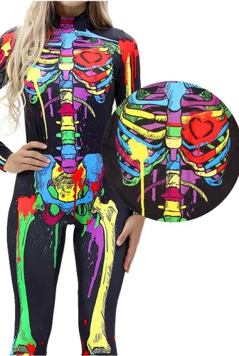 Vista 6 de Fixmatti Disfraz de Fiesta de Halloween para Mujer Mono de Manga Larga con Estampado de Calavera Varios