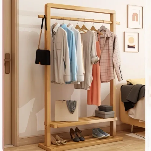 Vista 8 de Perchero de bambú para colgar ropa, perchero independiente con estantes dobles, organizador de ropa de pie para dormitorio o armario