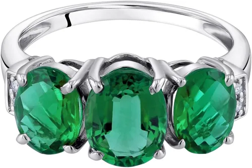 Vista 2 de Peora Anillo trino de tres piedras de oro blanco macizo de 14 quilates y piedras preciosas auténticas o creadas para mujer, tallas 5 a 9, Metal