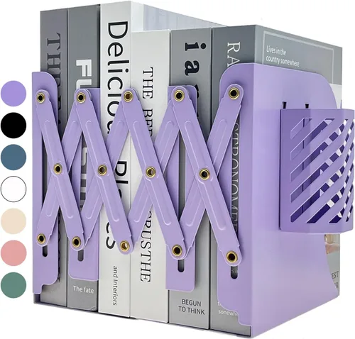 Vista 8 de Sujetalibros Kingsmile, sujetalibros ajustables para estantes, sujetalibros de metal para libros pesados, organizador de topes de libros con porta