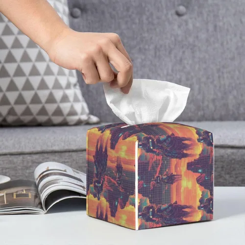 Vista 5 de Leather Tissue Box Cover Square - Cyber Retro Western Cowboy Print Tissue Box Holder Paper Case, Organizer Dispenser for Modern Home &