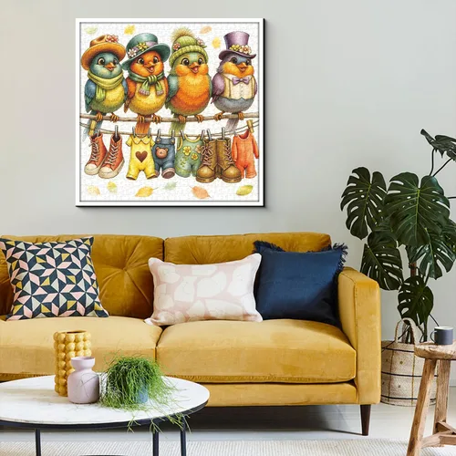 Vista 6 de Rompecabezas de 1000 piezas para la familia de pájaros lindos para adultos, coloridos pájaros con sombreros y bufandas, rompecabezas de animales