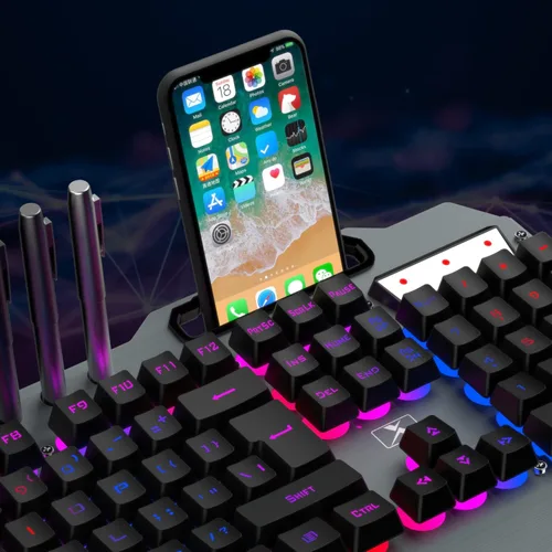 Vista 6 de Combo de teclado y mouse inalámbricos para juegos, teclado con retroiluminación LED arcoíris recargable con batería de 3,800 mAh, panel de metal