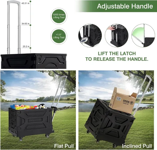 Vista 3 de VECELO Carrito de compras plegable 2 en 1 de 16 galones, carrito plegable con mango ajustable y ruedas de 360°, caja rodante de doble modo Negro