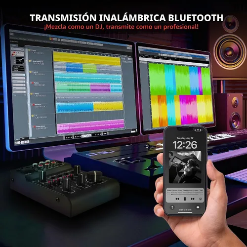 Vista 3 de Pyle Mezclador de audio Bluetooth de 3 canales - Controlador de sonido DJ e interfaz de tarjeta de sonido USB para grabación de PC, entrada XLR