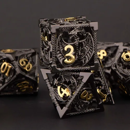 Vista 7 de KERWELLSI Juego de dados huecos D&D con caja de regalo, 7 dados de metal poliédrico D y D para juegos de rol, dados de dragón de mazmorra D20 D12