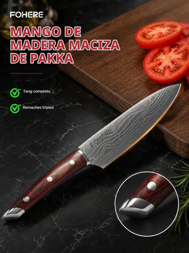Vista 6 de FOHERE Juego de cuchillos de chef, 5 cuchillos de cocina ultra afilados con mango ergonómico de madera de Pakka roja, juego de cuchillos