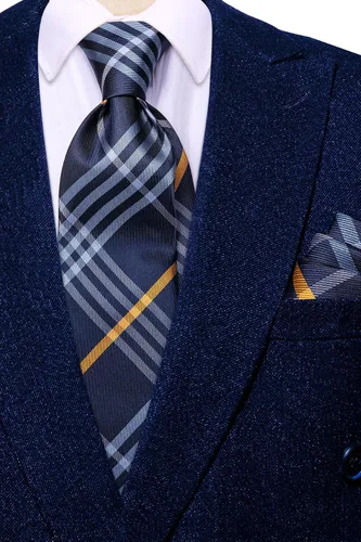 Vista 303 de Hi-Tie Corbata clásica de cachemira para hombre con pañuelo y gemelos a cuadros