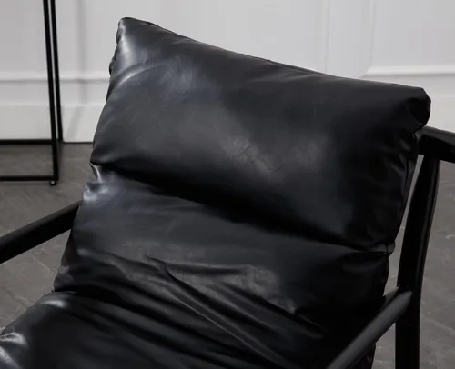 Vista 7 de Kmax Silla decorativa moderna tapizada de piel sintética, cómoda silla de descanso con marco de madera maciza para dormitorio, sala de lectura Negro