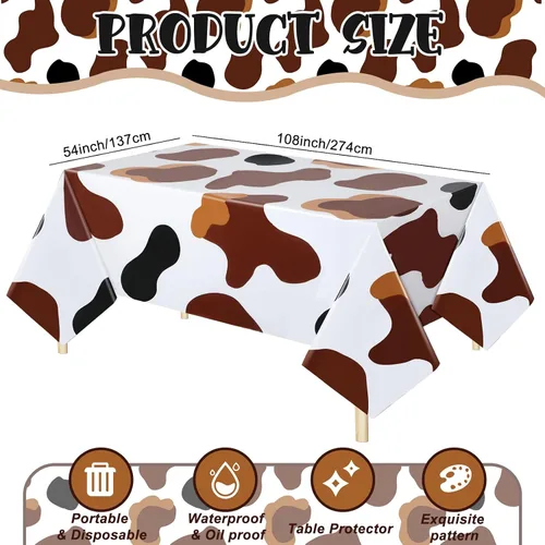 Vista 4 de Buryeah Mantel rectangular de plástico para mesa de vaca, 3 piezas, mantel de fiesta de granja de animales, mantel de vaca negra y blanca, mantel