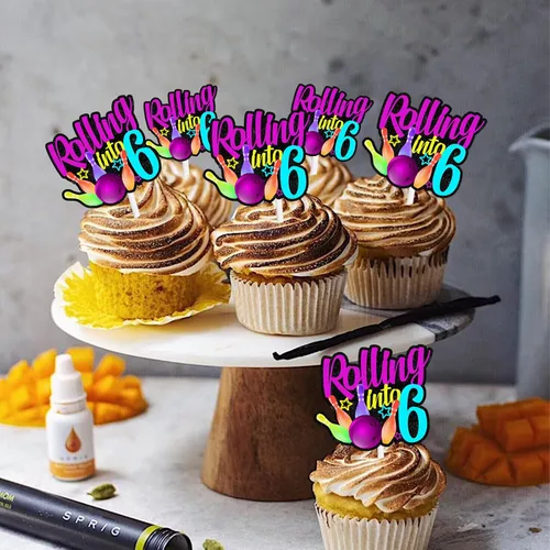 Vista 7 de 18 piezas de bola de boliche con purpurina, decoración de postre, magdalenas, boliches, 6 temas, suministros de decoración para niños y niñas
