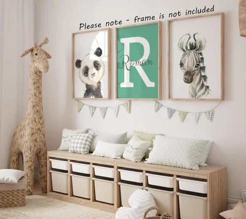 Vista 8 de Juego de 3 carteles personalizados de animales de safari para habitación de niños y niñas, sin marco, nombre personalizado, azul, verde, amarillo