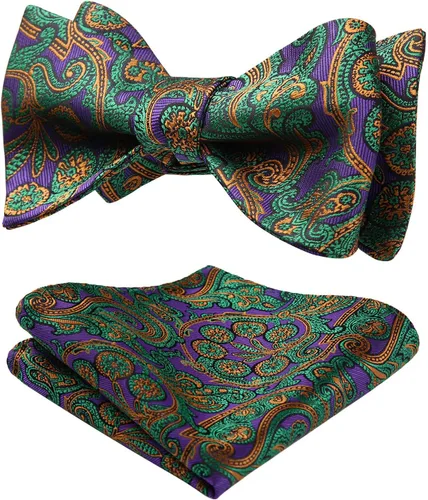 Vista 164 de HISDERN Pajaritas para hombre, corbatín de cachemira para hombre, corbata de lazo y bolsillo cuadrado, juego formal de esmoquin para boda