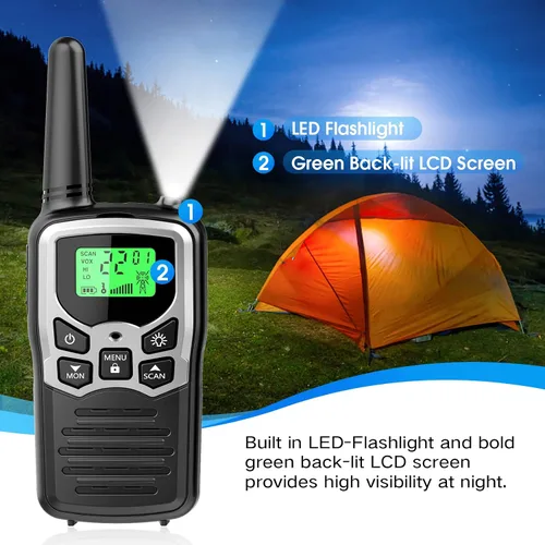 Vista 4 de Walkie Talkies con 22 canales FRS, walkie talkies MOICO para adultos con linterna LED, pantalla LCD de escaneo VOX, radio familiar de largo alcance