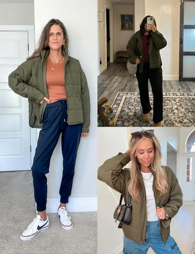 Vista 3 de Omoone Chaqueta acolchada con cremallera para mujer, ligera y acolchonada, con capucha, de gran tamaño Verde militar