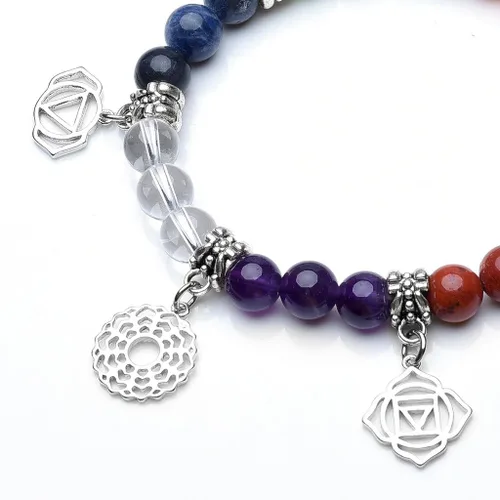Vista 6 de Top Plaza Pulsera de 7 chakras con cristales curativos de piedras preciosas naturales, hecha a mano, pulseras elásticas para yoga y reiki, joyería