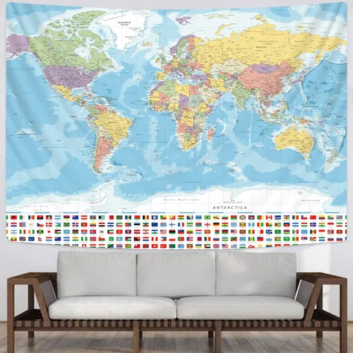 Vista 4 de KYKU Tapiz pequeño de mapa del mundo, tapiz con mapa del mundo, banderas, decoración de viaje, aula, decoración de la tierra, fiesta