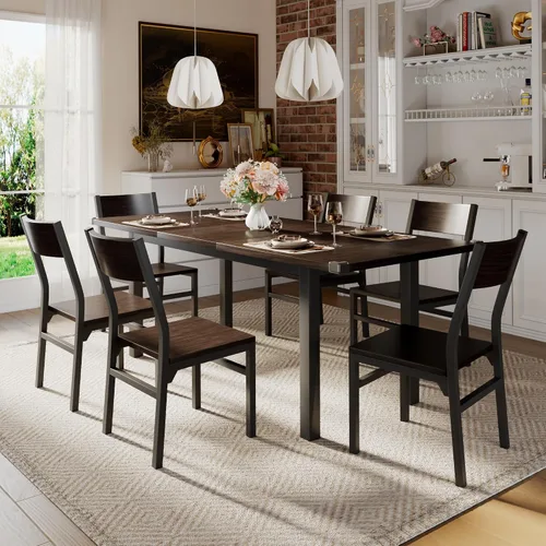 Vista 8 de iPormis Juego de mesa de comedor y sillas de 7 piezas para 4-6, mesa de cocina extensible de 63 pulgadas con 6 sillas, mesa de comedor con marco