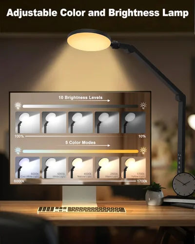 Vista 2 de Lámpara de escritorio LED de 10 W con abrazadera y brazo ajustable para oficina en casa, control táctil, luz de cuidado ocular para lectura con 5