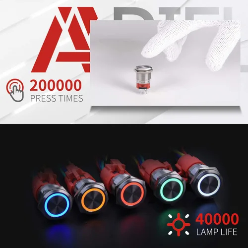 Vista 5 de APIELE Interruptor de botón de cierre de 0.748 in, 12 V - 24 V CC LED SPDT 1NO1NC, interruptor de botón de metal de acero inoxidable con coleta, 6