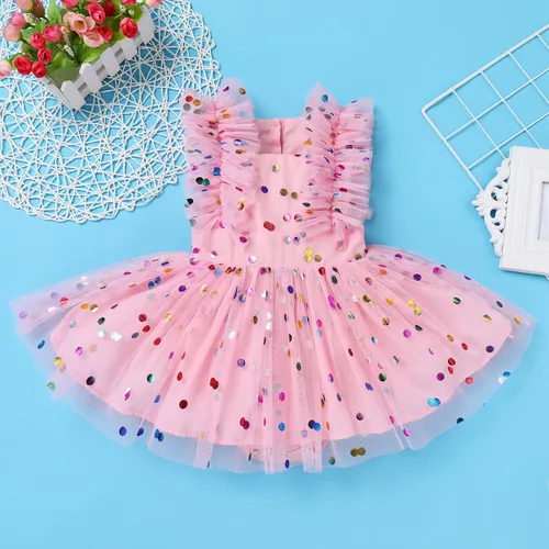 Vista 7 de Vestido mameluco para niña de flores para bebé, vestido de lunares de verano, cumpleaños, vestidos de tul con lentejuelas brillantes, vestidos