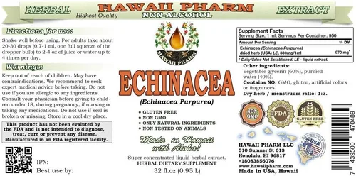 Vista 2 de Extracto líquido sin alcohol de equinácea, equinácea orgánica (Echinacea Purpurea) Hierba seca Glicerita Hawaii Pharm Suplemento herbario natural 32
