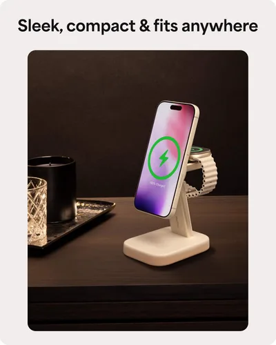Vista 6 de Mophie Soporte de carga inalámbrico 2 en 1, certificado Qi2, cargador MagSafe para iPhone y Apple Watch, estación de carga rápida con soporte