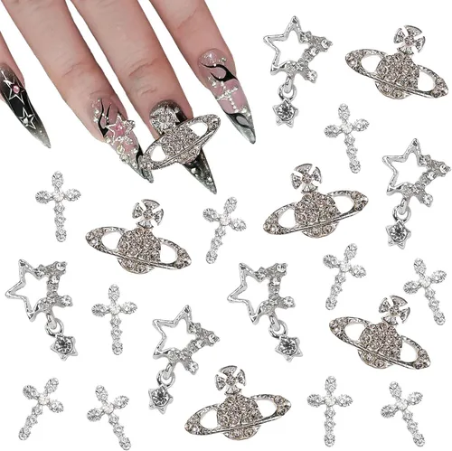 Vista 5 de Dijes de uñas de estrella, 20 piezas de estrellas de diamantes de imitación 3D para diseños de uñas, accesorios de bricolaje