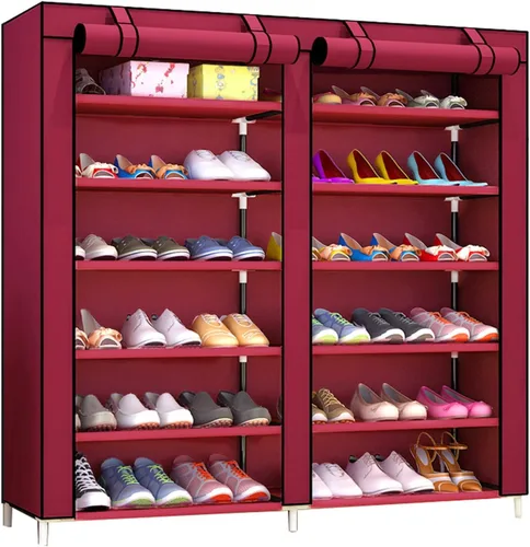 Vista 9 de Zapatero de 2 filas de metal, cubierta de tela multicapa a prueba de polvo, organizador de almacenamiento para dormitorio, sala de estar, puerta