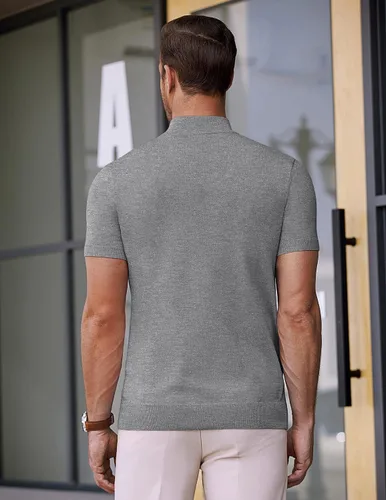 Vista 7 de COOFANDY Suéter de cuello alto falso para hombre, de manga corta, color sólido, básico, ajustado, de punto