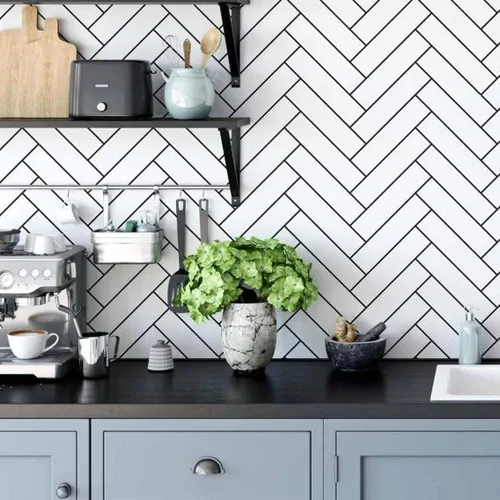 Vista 4 de Azulejos para salpicaderos adhesivos de cocina en espiga, azulejos de mosaico para pared de baño en chevron blanco, paquete de 6