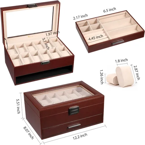 Vista 2 de Voova Joyero organizador de cajas de reloj para hombres y mujeres 2 capas grandes de 12 ranuras de piel sintética estuche de almacenamiento