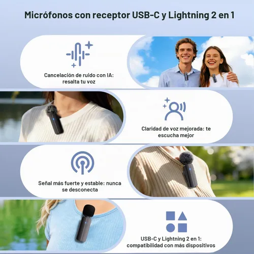 Vista 2 de Paquete de 2 mini micrófonos inalámbricos de solapa Lavalier para iPhone, Android (2 en 1) Microphone for Content Creators, 65ft Clip on Dual Mics