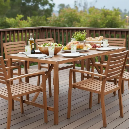 Vista 2 de Tangkula Mesa de comedor rectangular para exteriores, mesa de madera de acacia con agujero para sombrilla de 2 pulgadas, amplia mesa de listones