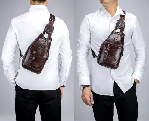 Vista 6 de BULLCAPTAIN Bolso bandolera de cuero genuino para hombre, bolso cruzado para viajes, senderismo, mochila de hombro