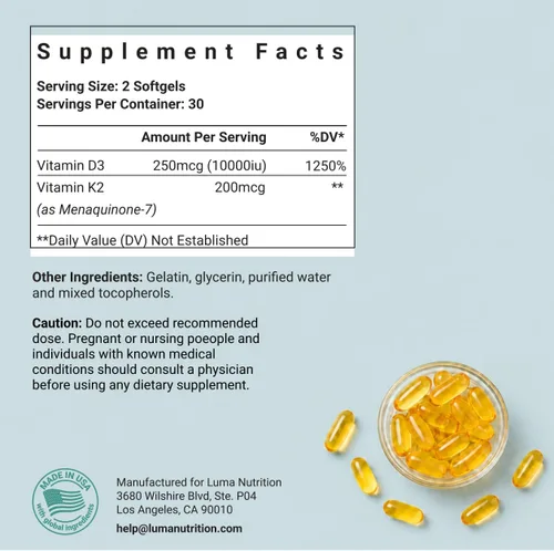 Vista 5 de Luma Nutrition Vitamina D3 + K2 10000 UI - Suplemento para la salud ósea y cardíaca - Apoyo inmunológico de máxima fuerza y absorción de calcio - 60