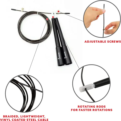 Vista 4 de Sunny Health & Fitness Cuerda de saltar de ejercicio para fitness, cuerda de saltar ligera y portátil con asas duraderas y cuerda de ejercicio