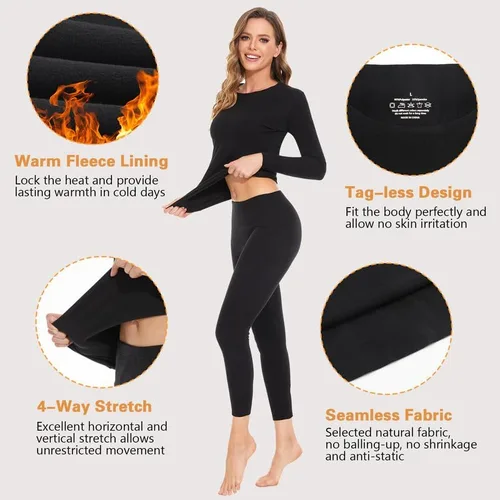 Vista 4 de SIMIYA Conjunto de ropa interior térmica para mujer, manga larga, corte libre, forro polar, capa base para clima frío