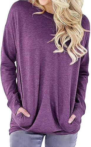 Vista 2 de Camisetas de otoño para mujer, estilo casual, ajuste holgado, cómodas, bonitas, sudaderas de manga larga con cuello redondo