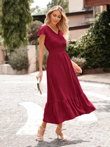 Vista 5 de PRETTYGARDEN Vestido de cóctel largo de manga corta con cuello en V para mujer, diseño de lunares suizos con volantes y escalonado