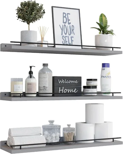 Vista 17 de WOPITUES Estantes flotantes con barandilla de metal negro, estantes para decoración de pared, juego de 3, estantes de pared para dormitorio, baño