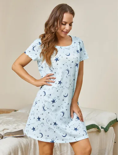 Vista 3 de PNAEONG - Camisón de algodón para mujer, de manga corta y con estampado, ropa de dormir informal