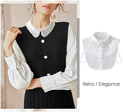 Vista 5 de Joyci Cuello falso de perlas de diamante Peterpan falso cuello media camisa Dickey (B blanco), Blanco