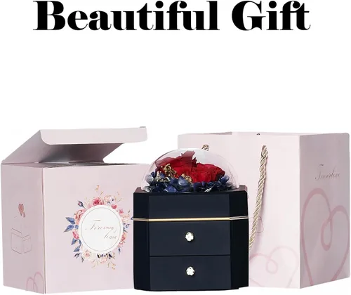 Vista 7 de QREIHLPY Joyero de flores preservadas, caja organizadora de joyas con doble cajón con patas de goma antideslizantes suaves, regalos para mujeres