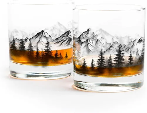 Vista 11 de Black Lantern Juego de vasos de whisky Cabin in the Forest – Vasos de 11 oz estilo antiguo con diseño de cabaña y pino Cristalería de base pesada