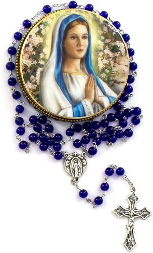 Vista 2 de Juego de rosario religioso de la Virgen María que rezaba a la Virgen María incluye caja de joyería de la Virgen en Oración caja de lata y rosario