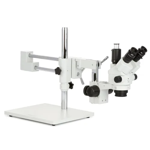 Vista 3 de AmScope - Microscopio estéreo con zoom Simul-Focal 7X-45X en soporte tipo jirafa con luz de anillo LED de 144 - SM-4NTP-144