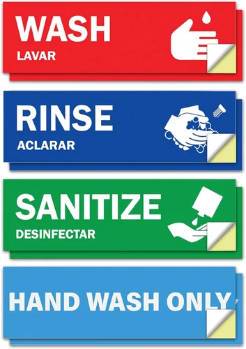 Vista 8 de Etiquetas para fregadero de lavar, enjuagar y desinfectar – 2.75 x 9 pulgadas – También incluye letrero de lavado a mano únicamente – Señales