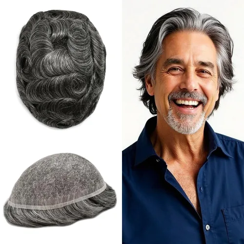 Vista 80 de PUNRU HAIR Completo Swiss Lace Toupee para hombres Sistema de cabello humano real Sistema de reemplazo de cabello humano para hombre Toupee