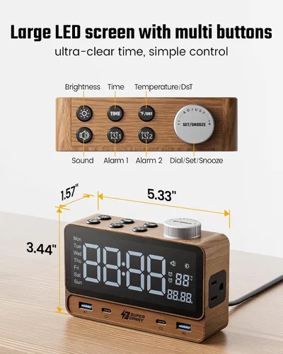 Vista 16 de SUPERDANNY Reloj despertador con PD de 20 W, 4 puertos USB, tira de alimentación de 2 tomas de CA, relojes despertadores digitales para dormitorios